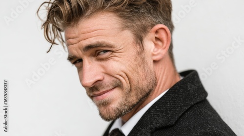 Confident man displays charm and cunning with sly smile in modern attire