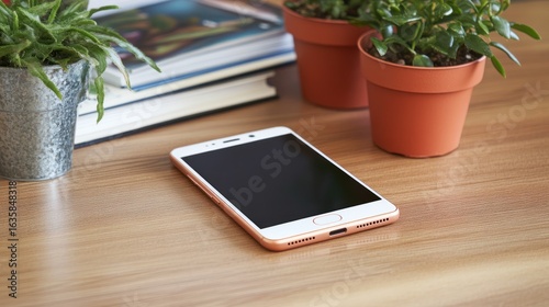 A rose gold smartphone rests on a light wooden surface, surrounded by potted plants and books