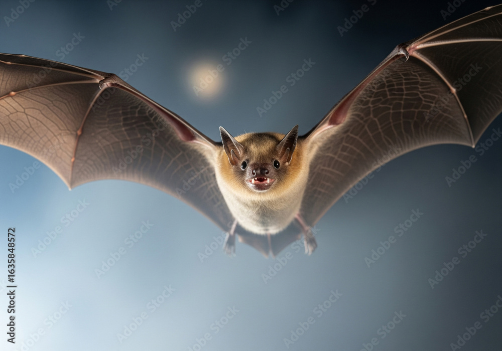Obraz premium Mysterious nocturnal bat in flight with spread wings under a full moon