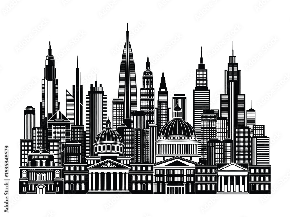 Obraz premium Urban Silhouette: An elegant line-art depiction of a modern city skyline, featuring a diverse array of architectural styles and iconic structures that reflect the essence of urban life.