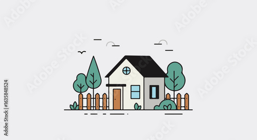 Minimalist house illustration with fence, trees, and stylized birds in background