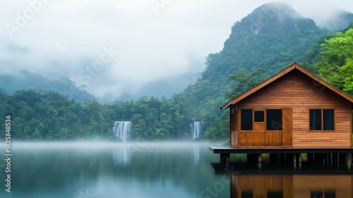 Cabin retreat on tranquil lake with mountain view wood house over water nature background