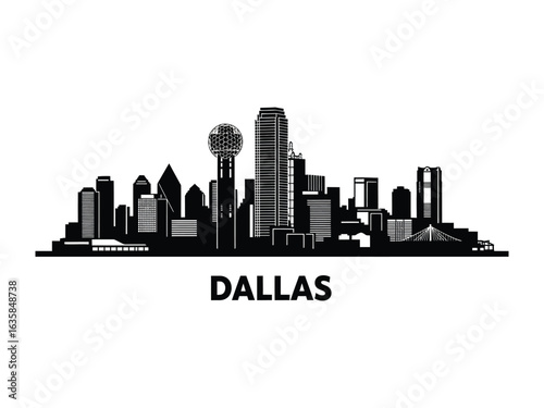 Dallas Skyline Silhouette: A stark black and white skyline of Dallas, symbolizing the city's modern architecture, growth, and iconic landmarks, offering a striking visual representation.