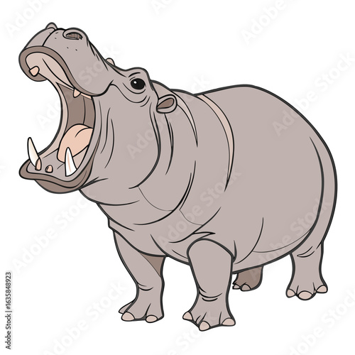 Vector art of a cartoon illustration of a hippopotamus with its mouth wide open, showing its teeth