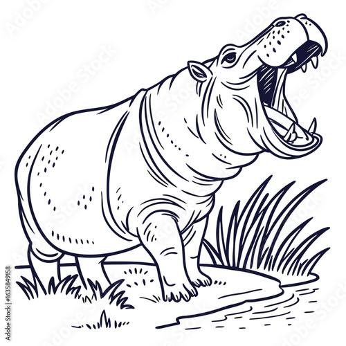 Vector art of hippopotamus yawning with mouth wide open on the river bank, illustration