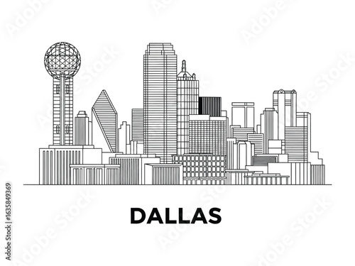 Dallas Cityscape: A minimalist illustration of Dallas skyline, showcasing its modern architecture and urban landscape, representing a blend of tradition and innovation.