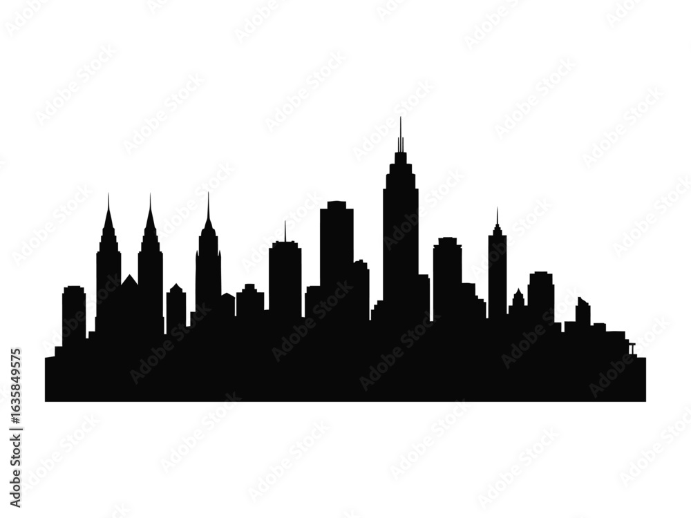 Naklejka premium Urban Silhouette: A dramatic silhouette of a metropolitan cityscape, presenting the towering presence of buildings, a testament to architectural grandeur.