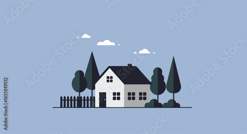 Minimalist house with trees and a fence in front of a blue sky with clouds