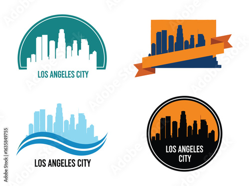 Los Angeles City Skyline Icons: The iconic Los Angeles skyline is elegantly depicted in four distinct minimalist icon designs, capturing the city's architectural grandeur and urban spirit.