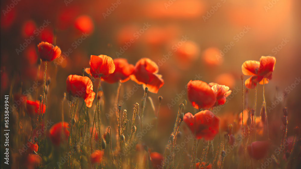 Fototapeta premium Vibrant red poppies glowing under the golden light of a sunset.