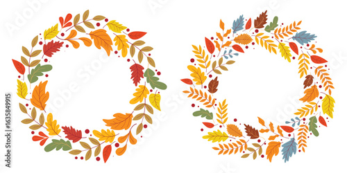 Cozy autumn foliage couple wreaths. Round crown of falling leaves and berries. Botanical frame for seasonal autumn cards, posters, invitations, announcements, design, vector graphic