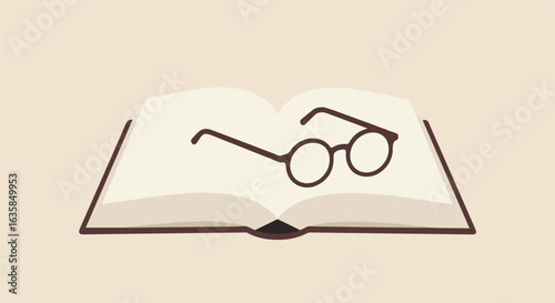 Open book with glasses, lying flat, on an even surface. Illustration