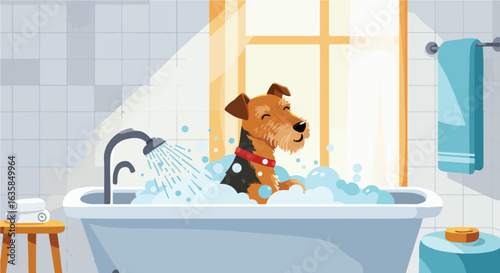 Happy Terrier takes a soapy bath in a tiled bathroom with natural sunlight filtering