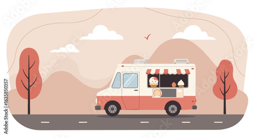 Ice cream truck in the mountains on a sunny day for summer designs