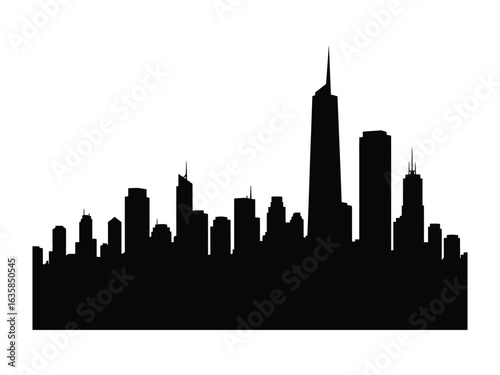 Urban Silhouette: A stark black and white outline of a bustling cityscape. A modern metropolis silhouetted against the sky, showcasing the dynamic skyline of a thriving urban center.