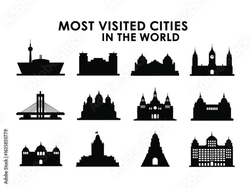 Iconic City Silhouettes: A graphic illustration presents a collection of renowned buildings, each a silhouette against the background, symbolizing iconic landmarks of the world's most visited cities.