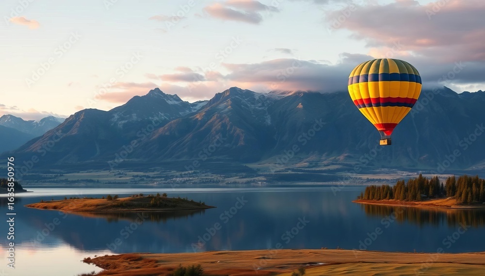 Repeating Scandinavian mountain lake landscape, hot air balloon, seamless banner, nordic, design Repeating Scandinavian mountain lake landscape, hot air balloon, seamless banner, nordic, design