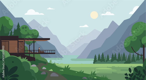 Solitude. Man relaxing on deck. Mountains & lake behind house. Promo scene