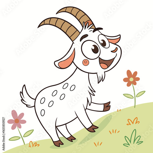 Vector art of cute cartoon goat with horns and beard standing on a grassy hill with flowers