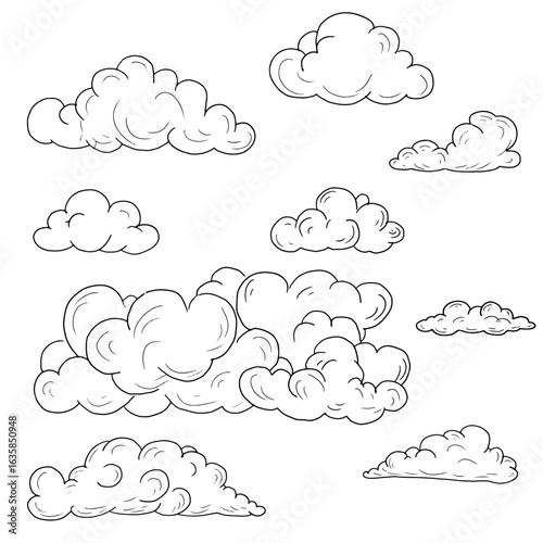 Fluffy clouds of different shapes, black and white sketch. Vector illustration. The concept of natural phenomena, clouds, weather, isolated on a white background. For postcards, prints and textiles