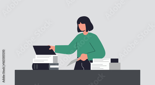 Isolated woman at a desk organizing papers, using a letter opener in neutral background