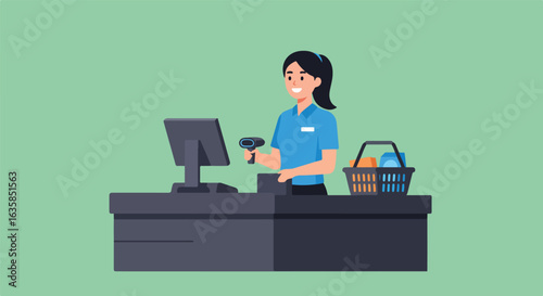 Clerk scanning goods at checkout with a basket. Plain background. For retail use