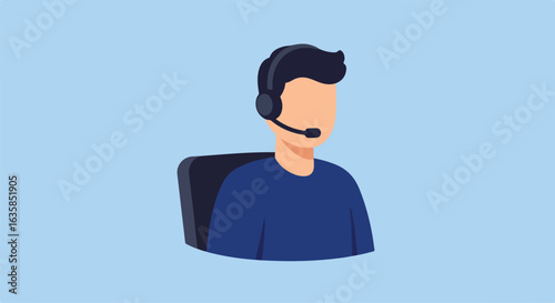 Faceless rep with headset sits on chair against a blue background; uses for call
