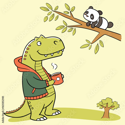 Vector art of cute cartoon trex dinosaur holding a coffee mug while a panda bear sits on a tree branch above, friendly characters in a whimsical forest setting