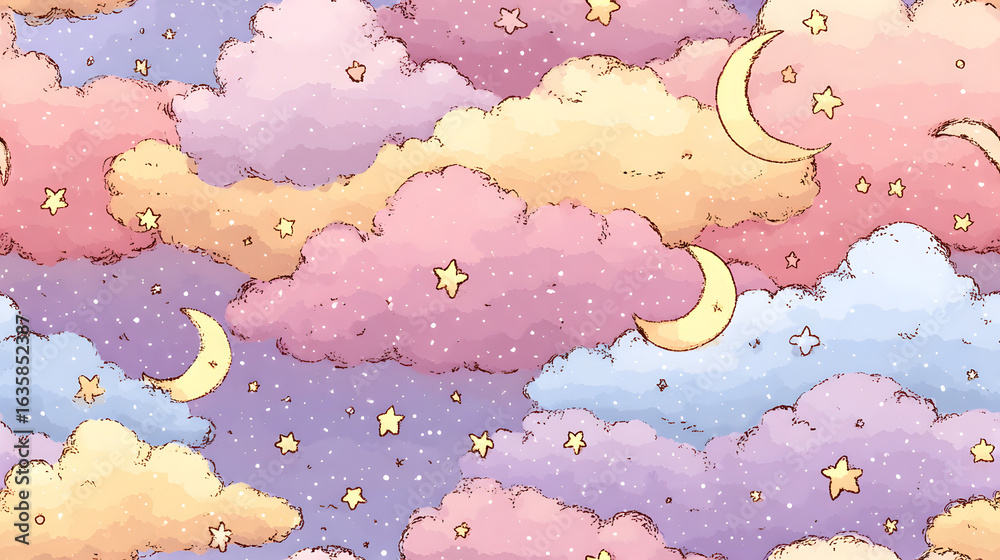 A seamless pattern of moons, stars, and clouds in a cute, cartoon style.