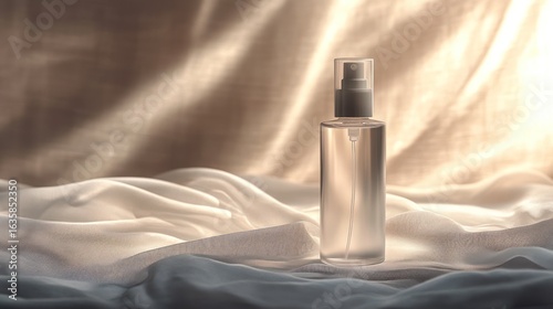 Clear spray bottle on draped fabric, bathed in warm light