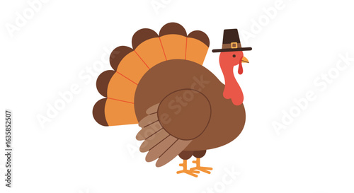 Pilgrim turkey wearing a hat on plain white background for holiday uses