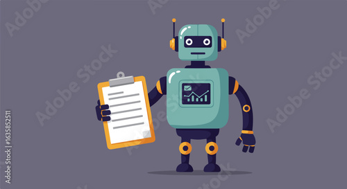 Robot holds clipboard and analyzes data on screen. Isolated in gray for illustration