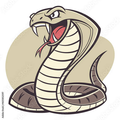 Vector art of aggressive cobra snake with open mouth and fangs, cartoon style