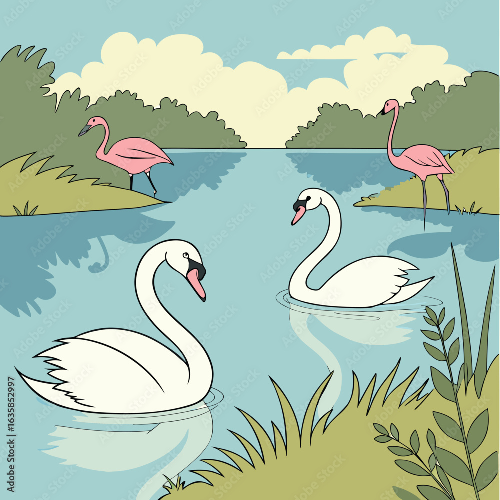 Obraz premium Vector art of two elegant white swans swim on a calm lake with two pink flamingos in the background