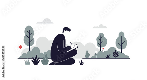 Person Writing on Pad Outdoors, Trees, Clouds. Use Education, Planning