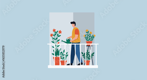 Man waters plants on balcony with wall view background. Editable art for web