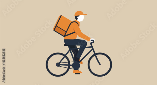Person cycles delivering goods. Flat background. For advertising