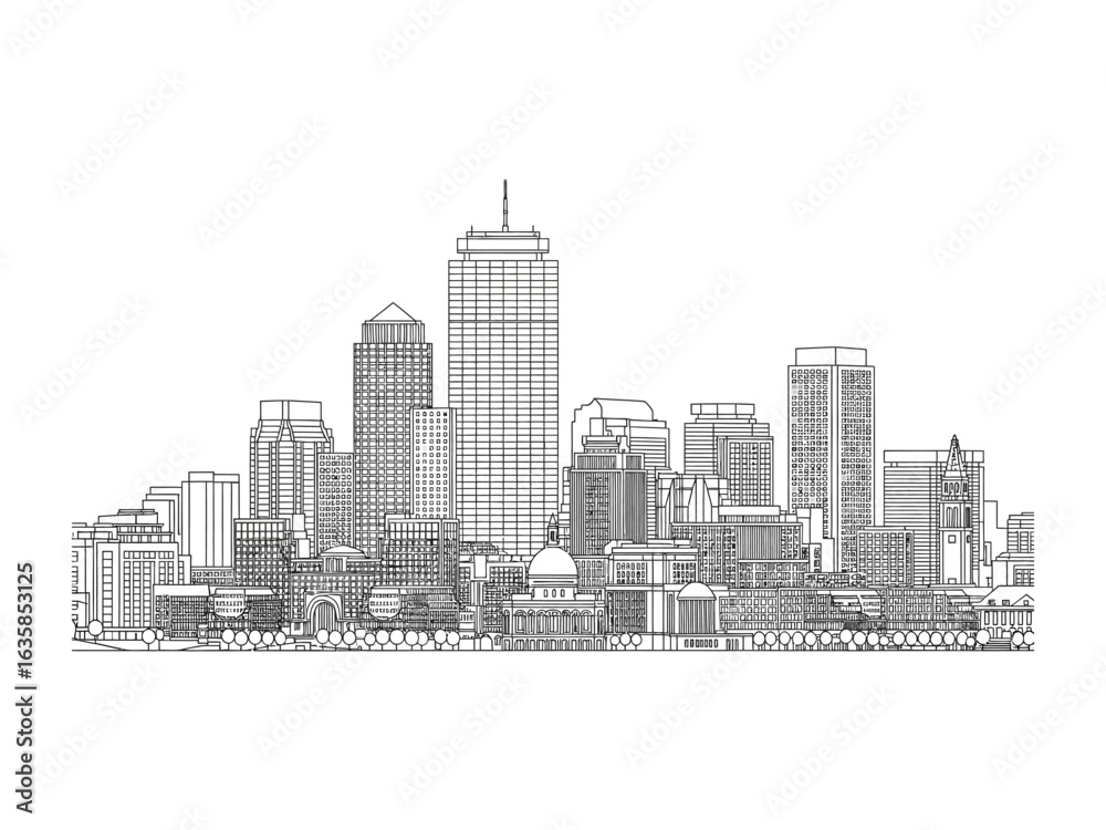 Obraz premium Cityscape Skyline: The illustration shows a meticulously detailed line-art depiction of a city skyline, emphasizing the impressive silhouettes of skyscrapers and architectural marvels.
