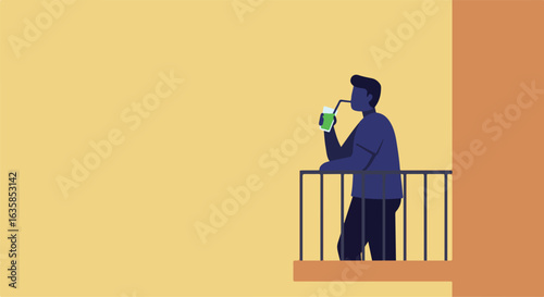 Person drinks on the balcony with a blank background, ideal for infographics