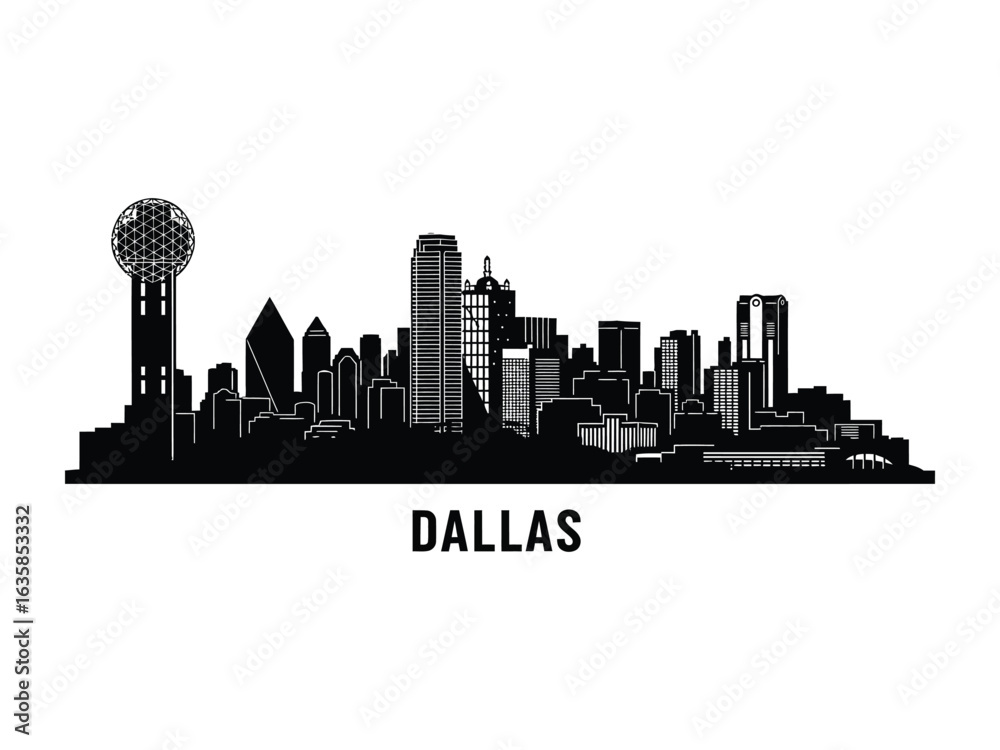 Fototapeta premium Dallas Cityscape: A silhouetted cityscape of Dallas, capturing the architectural marvels and urban atmosphere with a bold, graphic aesthetic. 