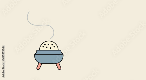 Steaming dumplings in pot on table with smoke trails, use food icon