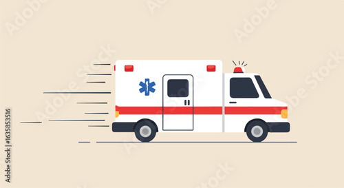 Moving ambulance at speed on a road, leaving a trace behind, vector for web