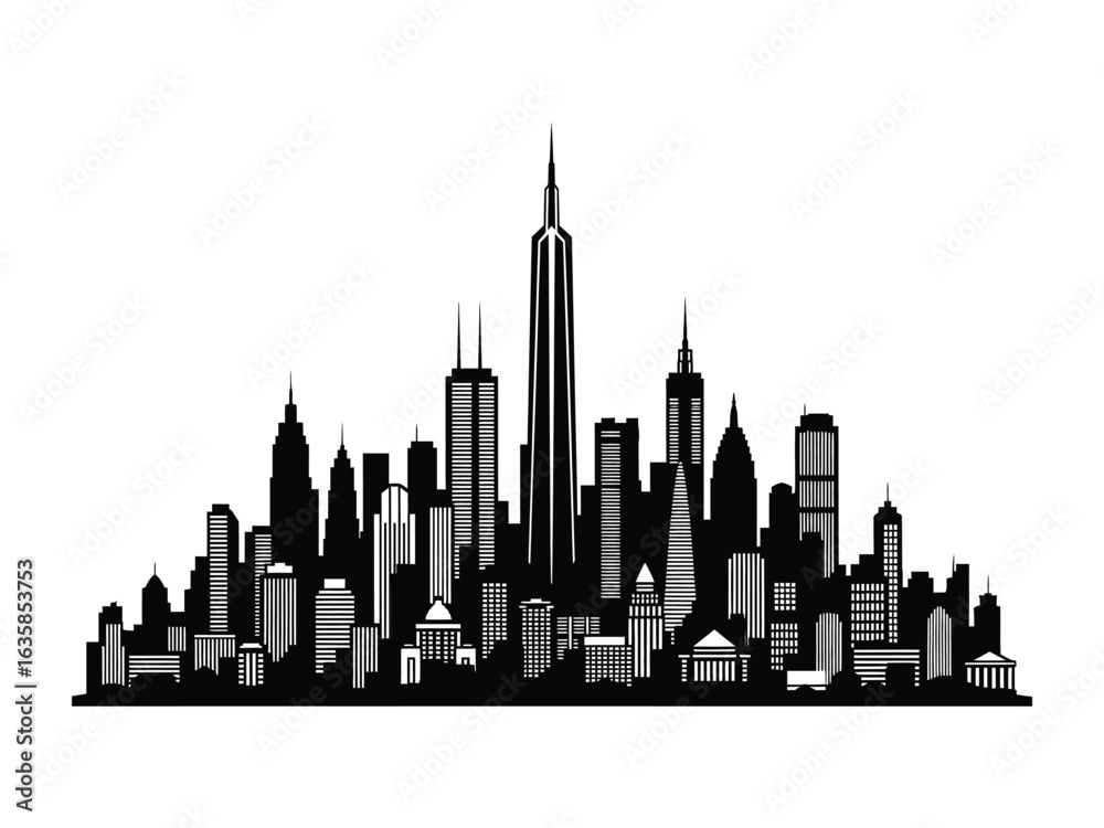 Naklejka premium Skyline Silhouette: A stunning black and white silhouette captures the essence of a bustling metropolis, highlighting towering structures that define the urban landscape.
