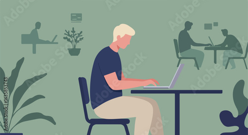Man typing on computer in a modern open-plan workspace with others working. Use for blog