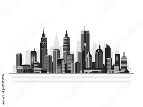 City Skyline Silhouette: The striking monochrome skyline of a bustling metropolis, where skyscrapers tower, showcasing a modern architectural marvel against a clean backdrop. 