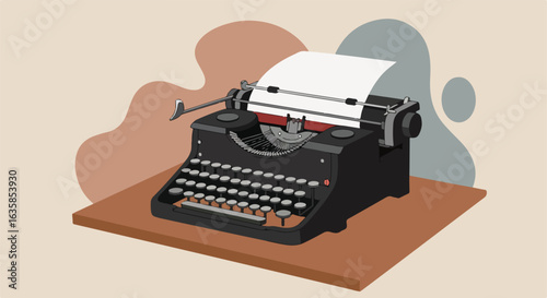Typewriter with paper sitting on desk, modern graphic background art for creatives
