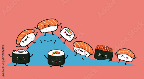 Cartoon sushi pieces walking up blue hills on pink background for food ads or blog