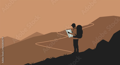 Hiker checking map on mountain trail with scenic hills backdrop for web use