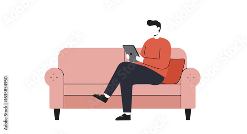Person using tablet on couch. A blank background. Flat style usage example