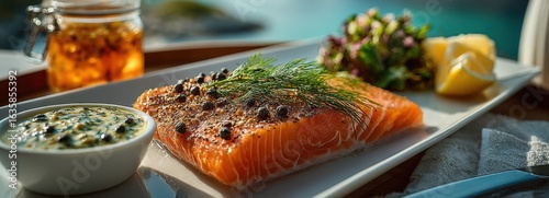 Norwegian salmon gravlax with mustard sauce and dill by a stunning fjord